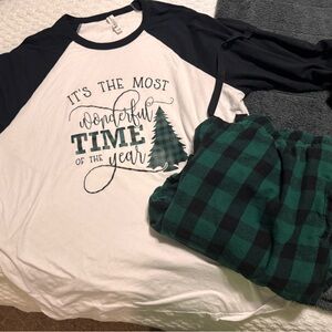 Green, Black and White Raglan Christmas Pajama Set